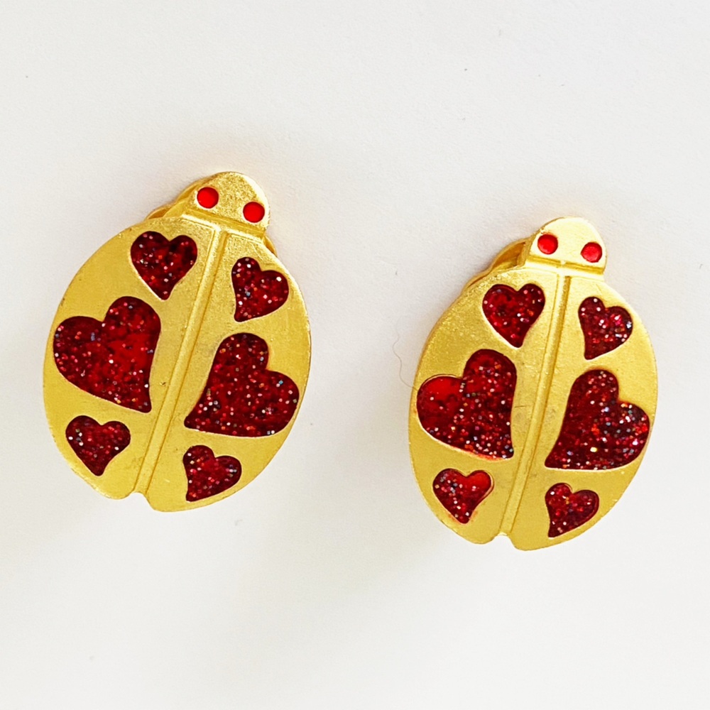 Vintage Love Bug Ladybug red Hearts Gold Tone Earrings ClipS